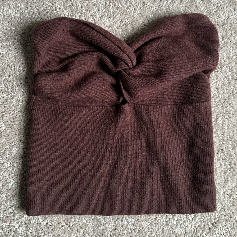 Brown Knitted Strapless Crop Top